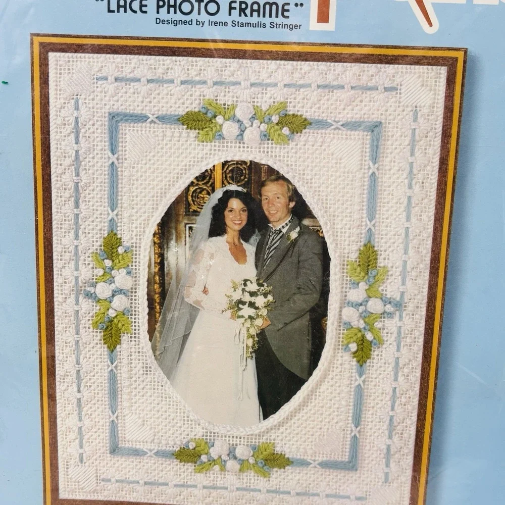 Vintage Sunset Needlepoint Wedding Lace Photo Frame Kit Fits 8x10 NOS